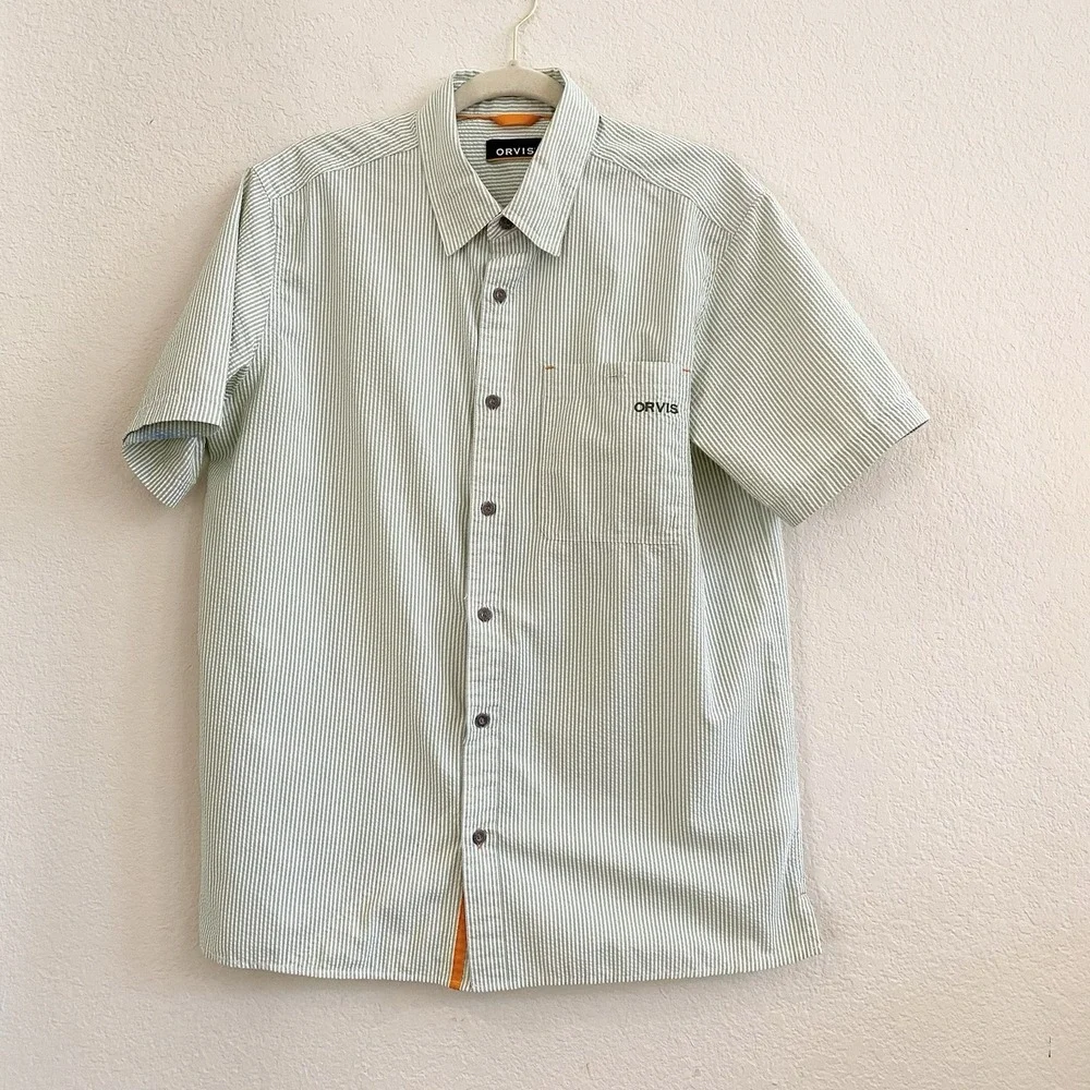 Orvis Mens Classic Collection Seersucker Green Short Sleeve Button Up Shirt M